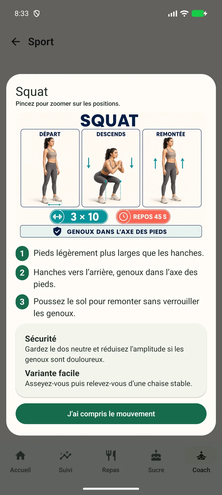 Planche illustrée du squat dans FitApp