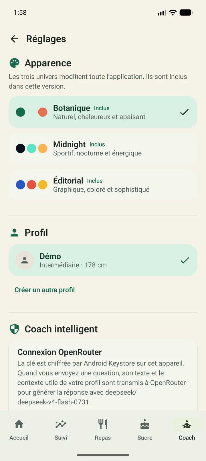 Réglages FitApp Botanique