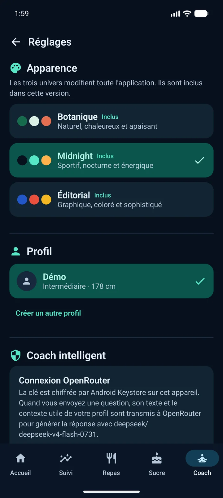 Réglages FitApp Midnight